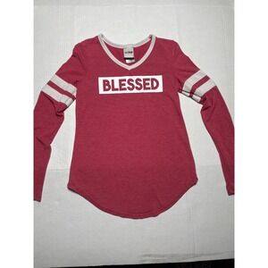 Jerry Leigh Juniors Blessed V-Neck‎ Long Sleeve T-Shirt Red White XS